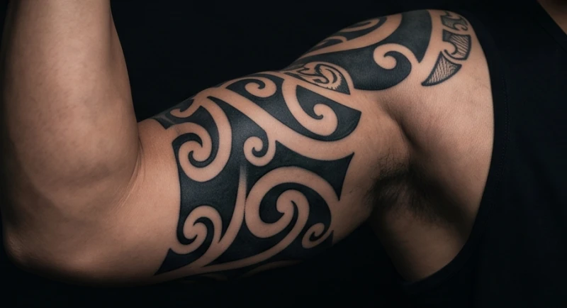 Hình xăm Maori dọc bắp tay với các đường nét uốn lượn bo tròn như dòng nước