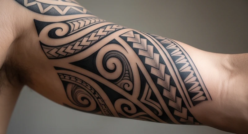 Mảng hình xăm hoa văn Maori với các vòng xoáy Koru che phủ bắp tay