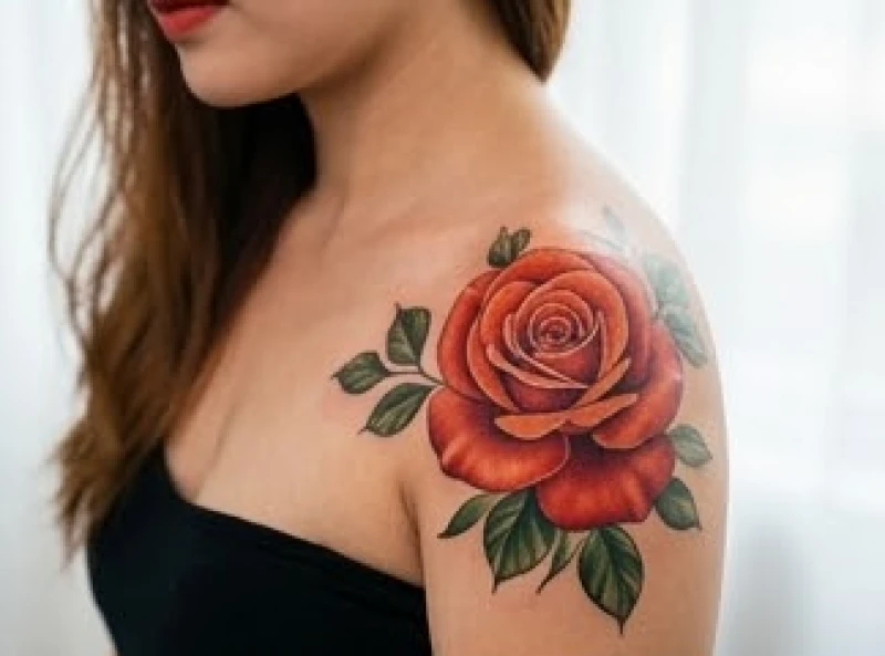 Hình xăm hoa hồng đỏ kết hợp lá xanh rực rỡ phù hợp cho người mệnh Hỏa