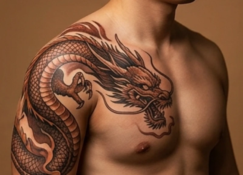 Mẫu hình xăm hợp tuổi Ngọ: vị trí kích tài lộc & bảng giá 5 Nam giới sinh năm Canh Ngọ đầy bản lĩnh với tác phẩm rồng đất vắt ngang vai màu nâu cam