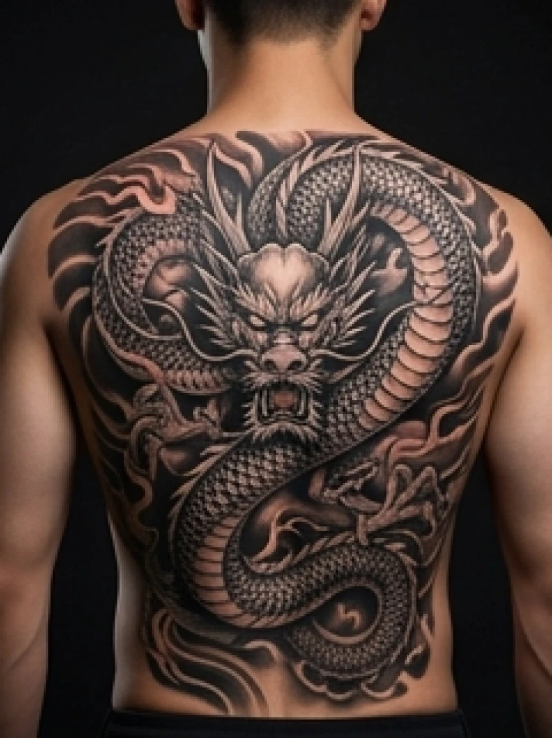 Mẫu hình xăm rồng châu Á cỡ lớn được phủ kín trên lưng của một người đàn ông