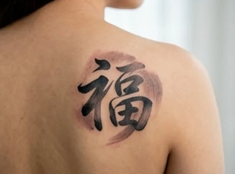 Hình xăm chữ Phúc được thể hiện qua những đường nét thư pháp mềm mại thanh tao