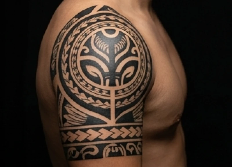 Hình xăm hoa văn hợp tuổi Thân: Chọn đường nét chuẩn ngũ hành 2 Họa tiết hình xăm Tribal mảng đen đặc mô phỏng lớp áo giáp phong thủy bảo vệ