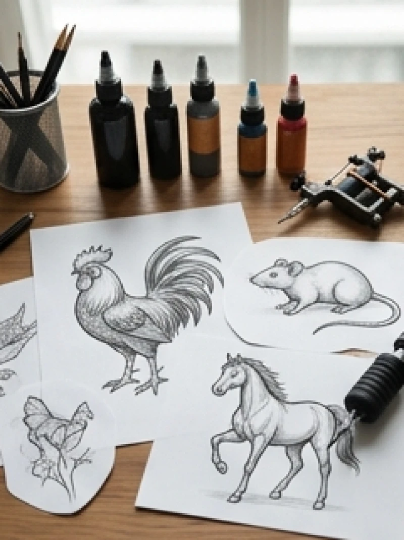 Bản phác thảo các họa tiết động vật thuộc nhóm tứ hành xung trên bàn làm việc của thợ xăm