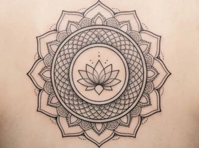 Khung hình xăm Mandala tròn có họa tiết vảy rồng cách điệu nét mảnh ở vòng trong cùng
