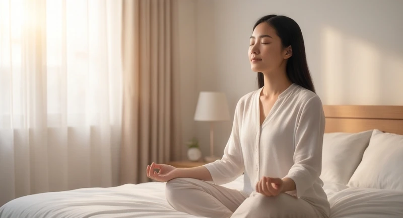 Người phụ nữ ngồi thiền nhẹ nhàng trên giường vào buổi sáng sớm để tĩnh tâm sau giấc mộng
