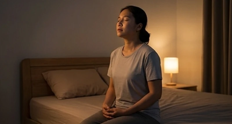 Mơ thấy bà cụ già: Giải mã điềm báo, sổ mơ và góc nhìn tâm lý 5 Một người đang ngồi dậy trên giường vào ban đêm, nhắm mắt và nhẹ nhàng hít thở sâu để lấy lại bình tĩnh