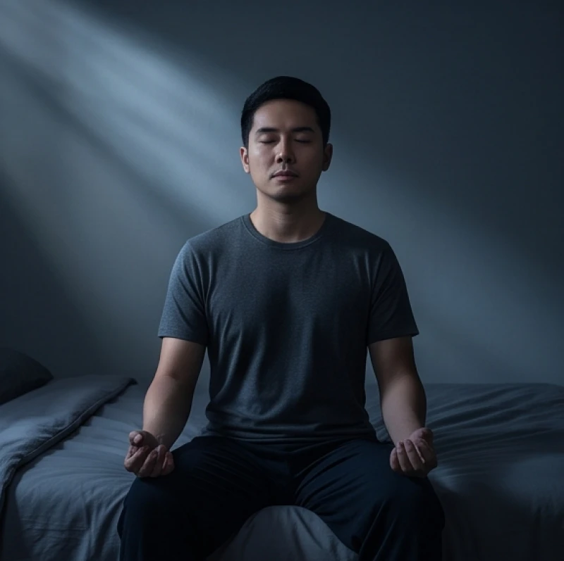 Người đàn ông ngồi thiền hít thở sâu trên giường trong không gian tĩnh lặng