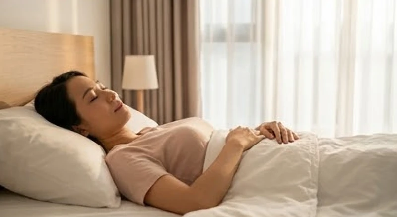 Người phụ nữ nằm nhắm mắt thư giãn và đặt tay lên bụng để hít thở sâu