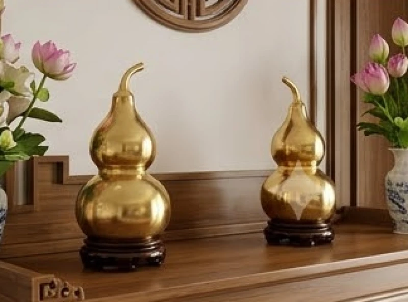 Cặp hồ lô bằng đồng sáng bóng được đặt hai bên bàn thờ giúp cân bằng năng lượng tiêu cực