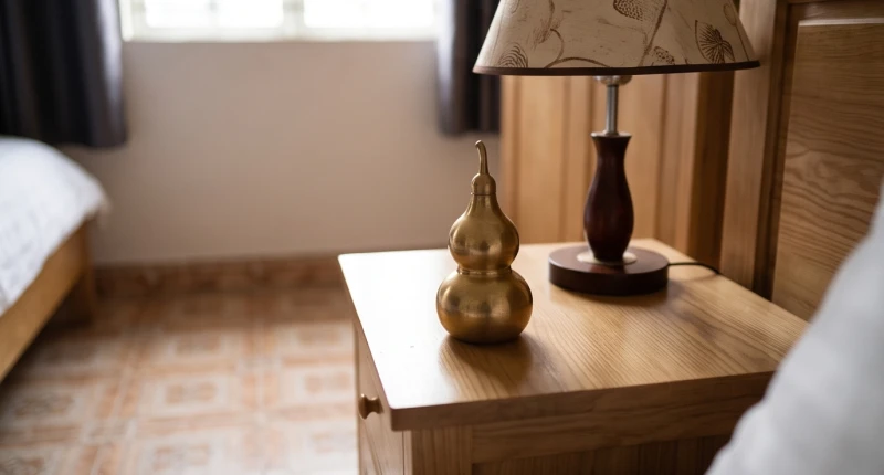 Hồ lô phong thủy bằng đồng thau nhỏ gọn đặt trên mặt tủ gỗ cạnh chiếc đèn ngủ