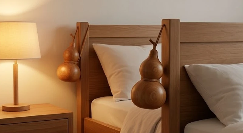 Cặp hồ lô bằng gỗ tự nhiên được treo trang trọng ở hai bên thành giường nhằm hóa giải sát khí