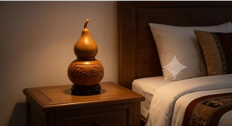 Bình hồ lô bằng gỗ tinh xảo được đặt trang trọng ở đầu giường ngủ nhằm thu hút sinh khí gia đạo