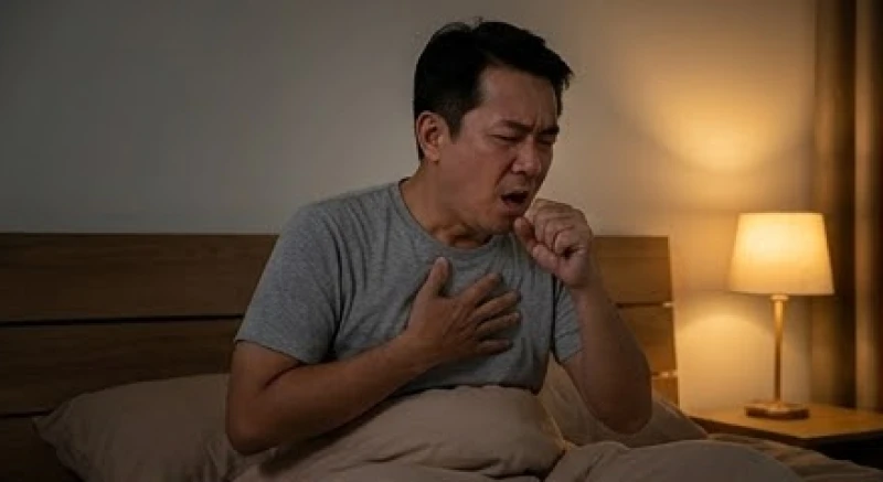 Sặc nước bọt là điềm gì: Tra cứu 12 khung giờ & dấu hiệu y khoa 1 Người đàn ông trung niên giật mình tỉnh giấc và ho sặc sụa giữa đêm do tình trạng trào ngược dạ dày