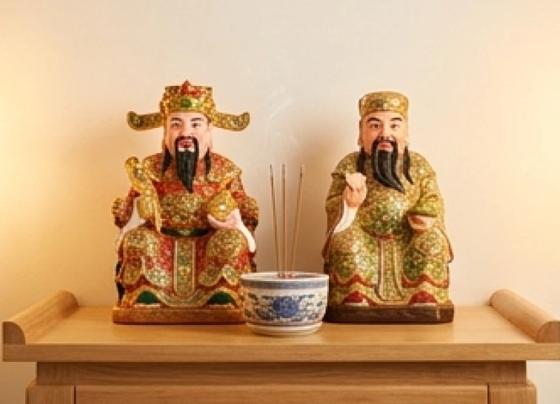Bức tượng Thần Tài và Thổ Địa được an vị trang nghiêm trên bàn thờ mới bằng gỗ chạm trổ