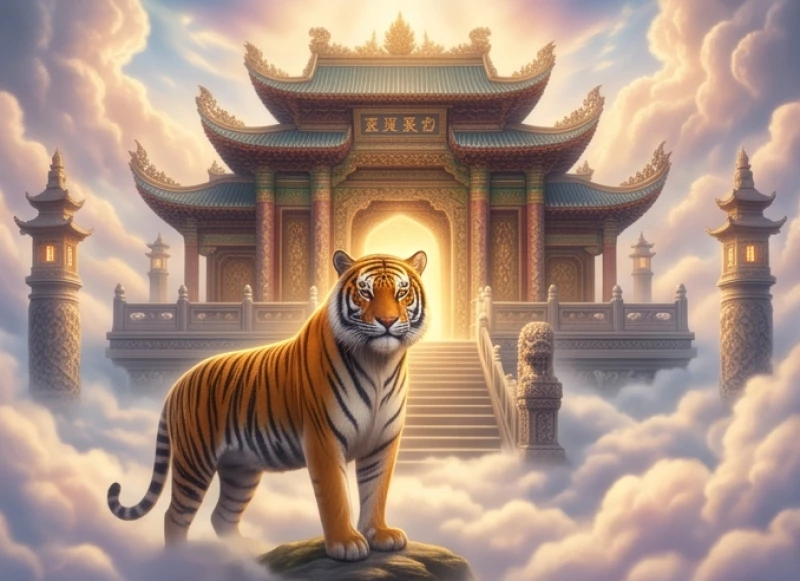 Hổ dũng mãnh đứng trước thiên đình sau khi được Ngọc Hoàng lựa chọn thay thế vị trí của sư tử