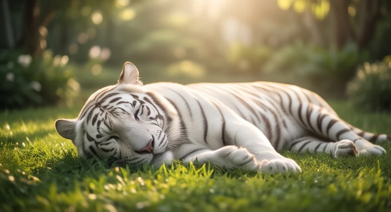 Mơ thấy hổ trắng: Giải mã điềm báo cát hung và mẹo hóa giải 1 Bạch hổ nằm ngủ yên bình trên bãi cỏ xanh phản ánh trạng thái tĩnh tại trong giấc mơ thấy hổ trắng