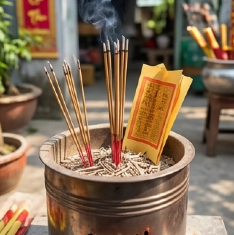 Chân nhang cũ và tiền vàng mã được hóa thành tro trong lò hóa vàng sạch sẽ ngoài trời