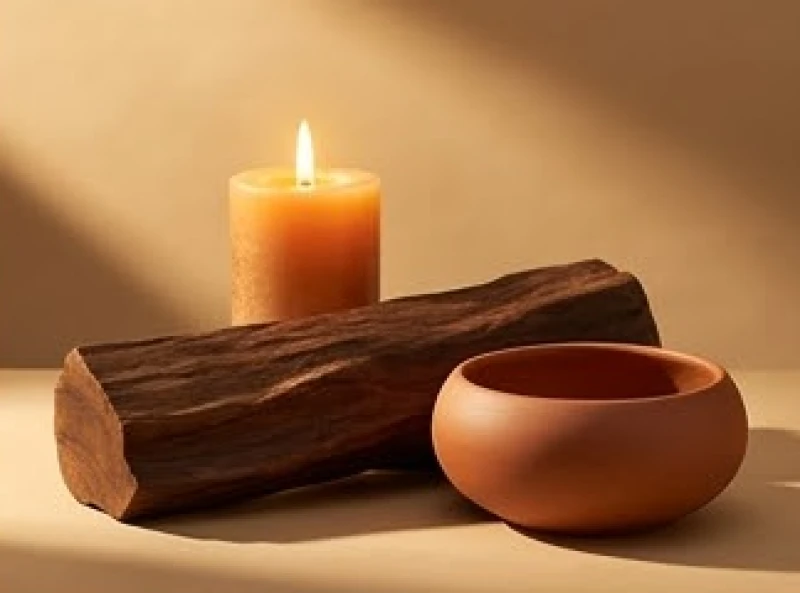 Ngọn nến ấm áp đặt cạnh các vật phẩm đại diện cho yếu tố Mộc và Thổ trong tam hợp tuổi Tuất
