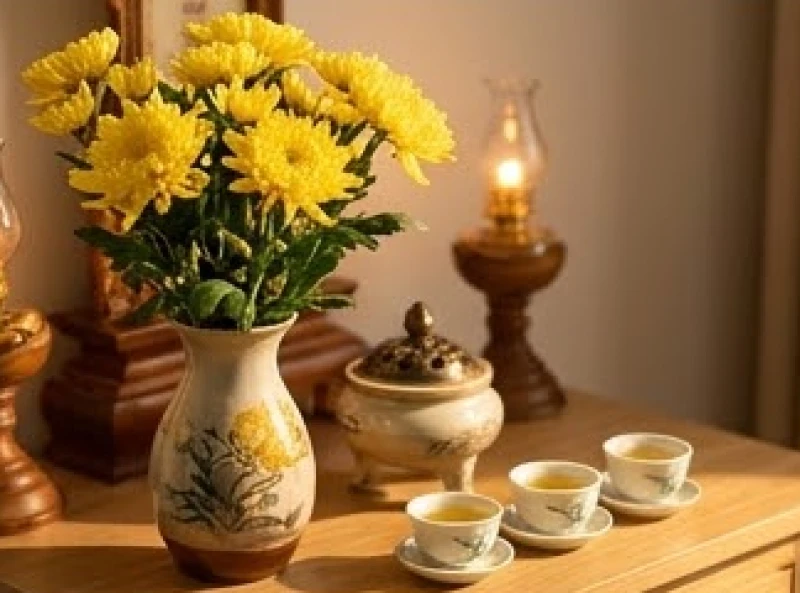 Văn khấn Diêu Trì Kim Mẫu tại nhà: Trình tự dâng lễ và bài cúng 4 Bình hoa cúc vàng rực rỡ và đĩa hoa quả tươi được dâng lên án thờ Mẹ vào ngày rằm