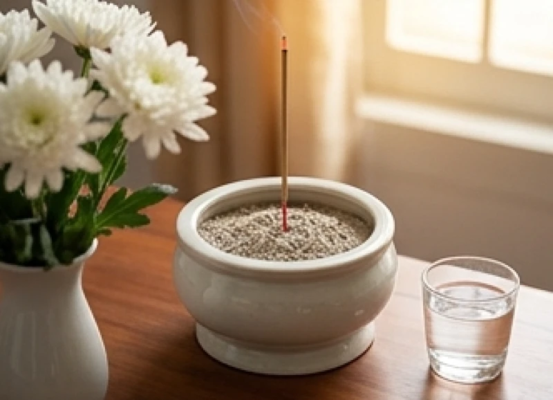 Văn khấn tại bàn thờ người mới mất: Tổng hợp bài khấn & sắm lễ 3 Bát hương trang nghiêm đặt giữa hoa cúc trắng và chén nước tinh khiết dâng lên người đã khuất