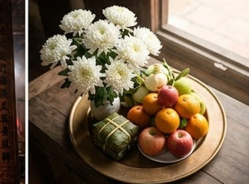 Giỏ hoa cúc trắng và ngũ quả tươi được sắm sửa để dâng lên Thánh Mẫu An Sơn