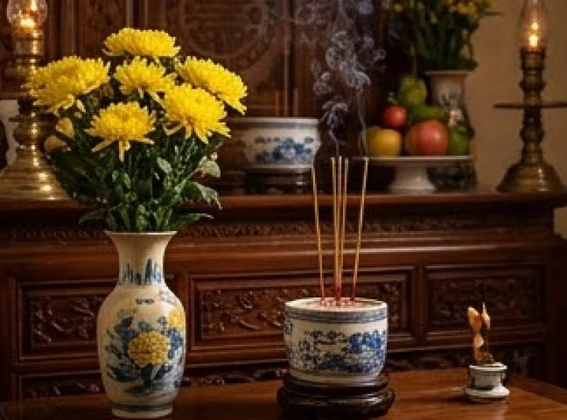 Văn khấn giao thừa trong nhà: Bài cúng chuẩn và quy tắc hành lễ 8 Bình hoa cúc vàng rực rỡ tỏa hương thơm thanh tao được đặt trang trọng bên cạnh bát hương gia tiên