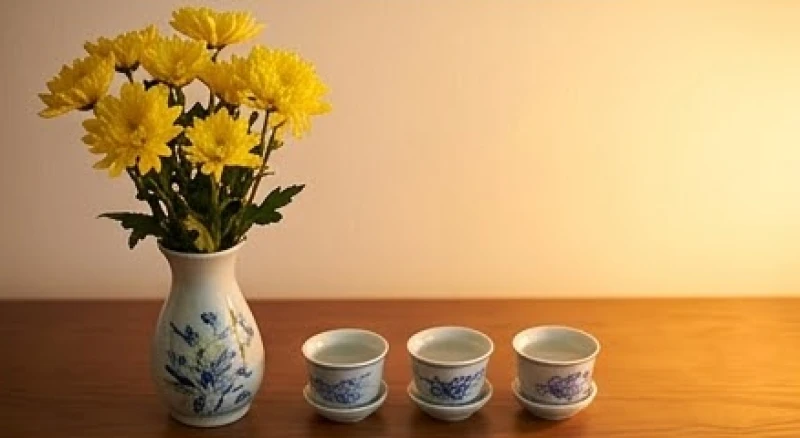 Bình hoa cúc vàng đại đóa và ba chén nước tinh khiết dâng lên bàn thờ gia tiên