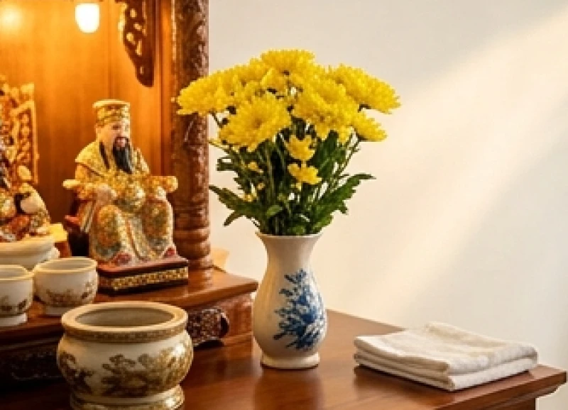 Văn khấn cầu tài lộc tại cửa hàng: Trình tự cúng và mâm lễ chuẩn 9 Bình hoa cúc vàng rực rỡ và tươi mới được đặt ngay ngắn trên bàn thờ Thần Tài để chiêu sinh khí tốt
