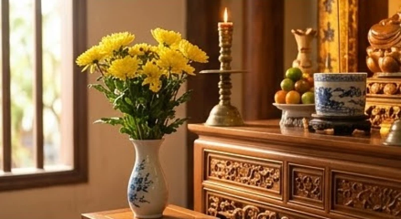 Bình hoa cúc vàng tươi tắn dâng lên ban thờ Phật để cầu may mắn thi cử
