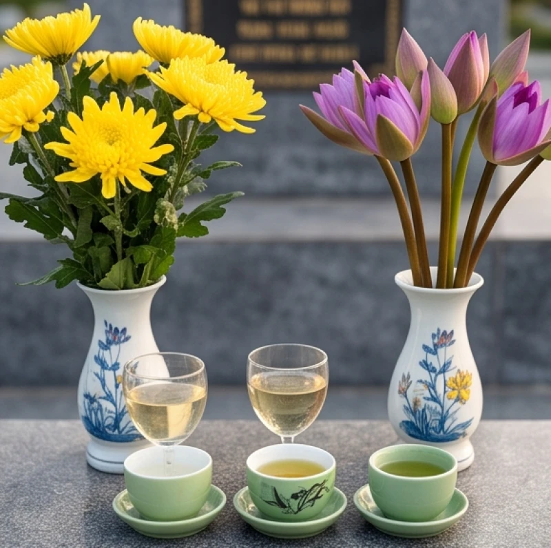 Văn khấn cúng chiến sĩ trận vong: Bài cúng tri ân và nghi lễ chuẩn 6 Bình hoa cúc vàng rực rỡ cùng ba ly trà và rượu trắng tinh khiết bày trên bàn đá