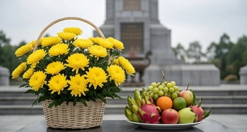 Lẵng hoa cúc vàng rực rỡ và mâm quả lớn đặt trang trọng trước đài tưởng niệm trung tâm nghĩa trang