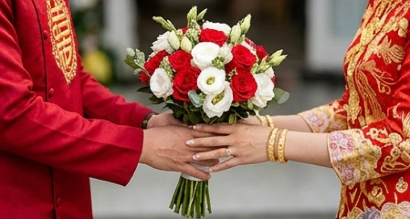 Tuổi Thân Cưới Ngày Nào Tốt: Bảng Tra Tháng và Loại Trừ Ngày Xung 7 Chú rể trao bó hoa cưới thứ hai cho cô dâu trong nghi thức xin dâu hai lần để hóa giải năm Kim Lâu