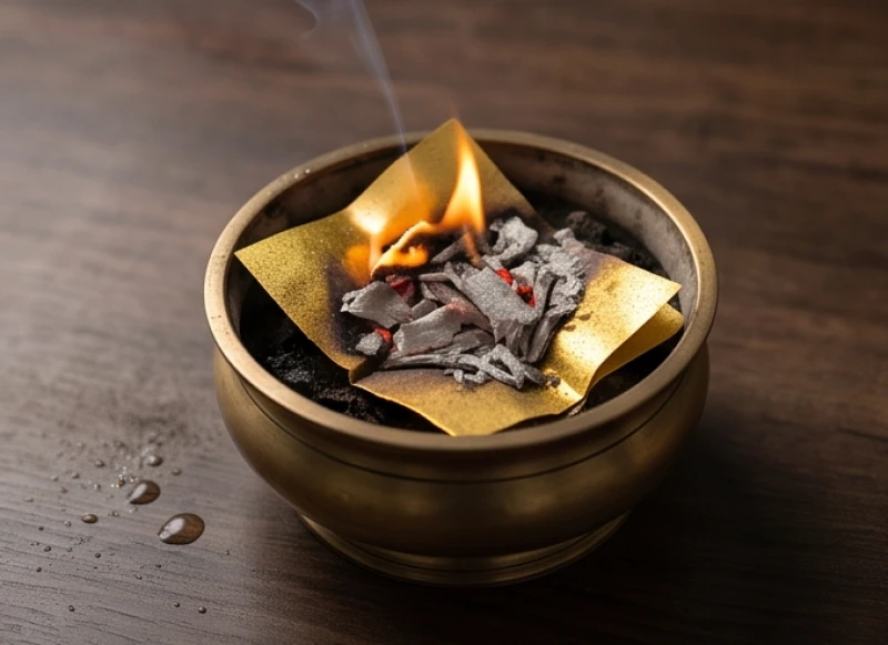 Chậu đồng nhỏ chứa tàn tro đinh tiền vàng lá đang cháy rực sau nghi thức cúng tạ ơn