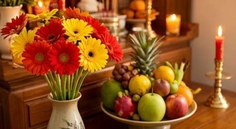 Văn khấn cầu tài lộc đầu năm: Bài cúng chuẩn tại gia và cửa hàng 3 Lọ hoa đồng tiền đỏ rực rỡ và mâm ngũ quả nguyên vẹn, căng bóng đặt trên bàn thờ cầu tài lộc