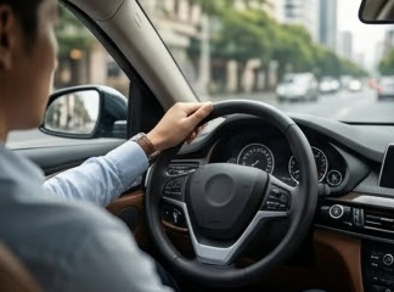 Người lái xe với phong thái điềm tĩnh và tự tin cầm vô lăng trên đường phố