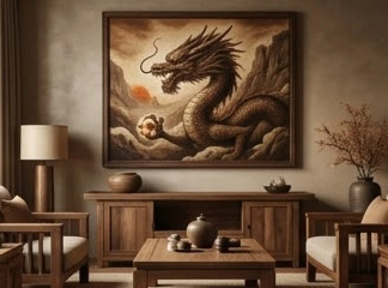 Không gian trưng bày tranh rồng với tông màu nâu đất chủ đạo mang lại cảm giác năng lượng Thổ dày đặc