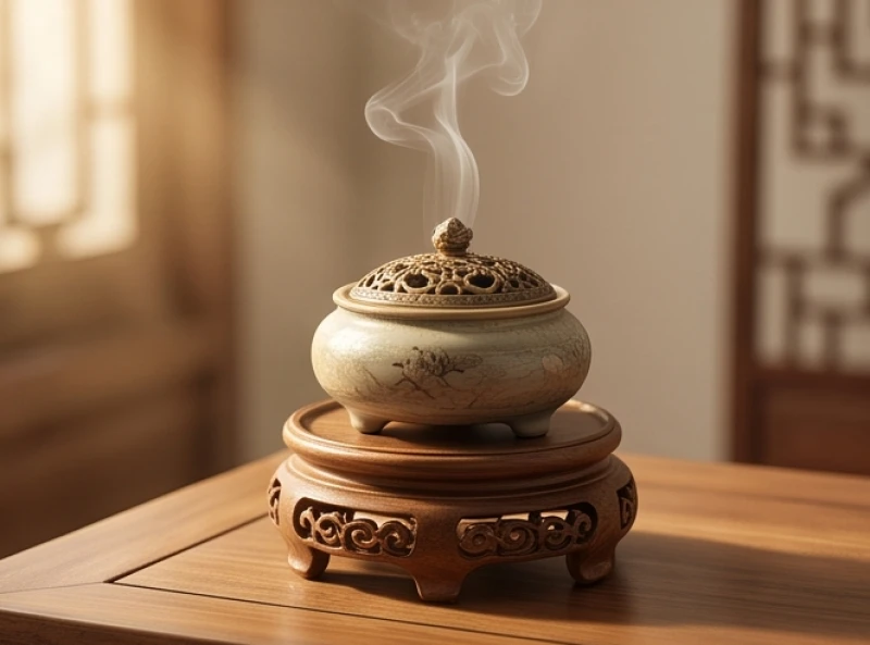 Lư hương gốm sứ tỏa khói trầm nhẹ nhàng trong không gian tĩnh lặng giúp xua tan hung khí