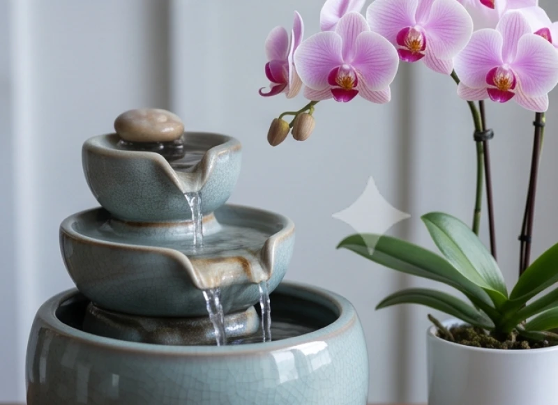 Tuổi Tỵ hợp số nào: Tra cứu ngũ hành và quy tắc chọn vị trí 11 Thác nước phong thủy mini bằng gốm sứ đang luân chuyển dòng nước mát lạnh cạnh một chậu lan hồ điệp