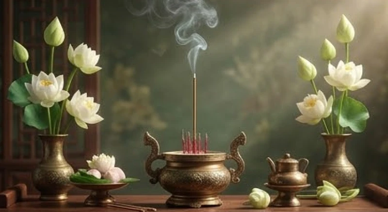 Không gian ban thờ gia tiên thanh tịnh với bát hương đồng và hoa sen trắng tỏa khói trầm nhẹ