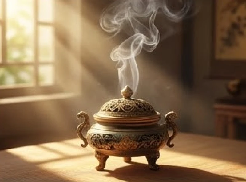 Lư hương Trầm Hương tỏa khói mờ ảo trong không gian tĩnh lặng giúp thanh lọc năng lượng tiêu cực