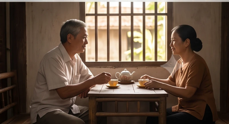 Hai người đang ngồi trò chuyện bình tĩnh bên tách trà nóng để tháo gỡ những hiểu lầm trong êm đẹp