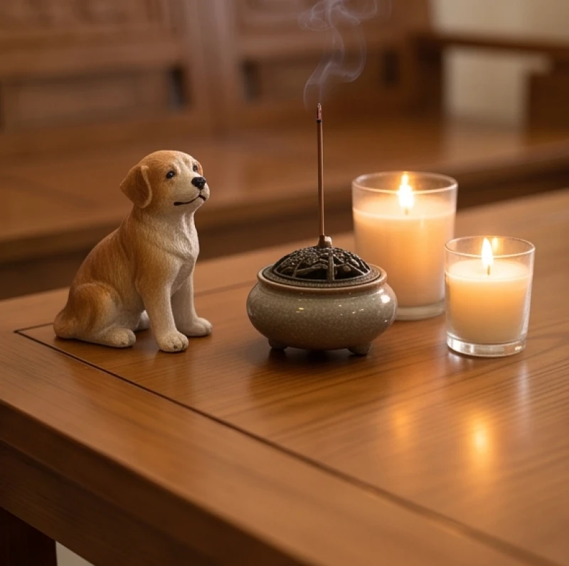 Tượng chó bằng gốm sứ đặt trên bàn phòng khách bên cạnh nến thơm và lư trầm hương