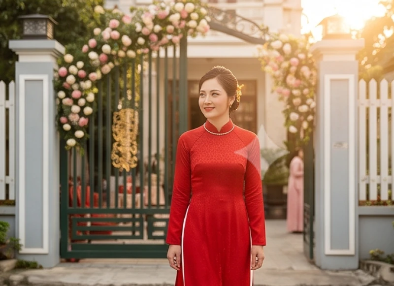 Cô dâu quay mặt bước ra khỏi cổng nhà chồng theo nghi thức xin dâu hai lần để đánh lừa phong thủy