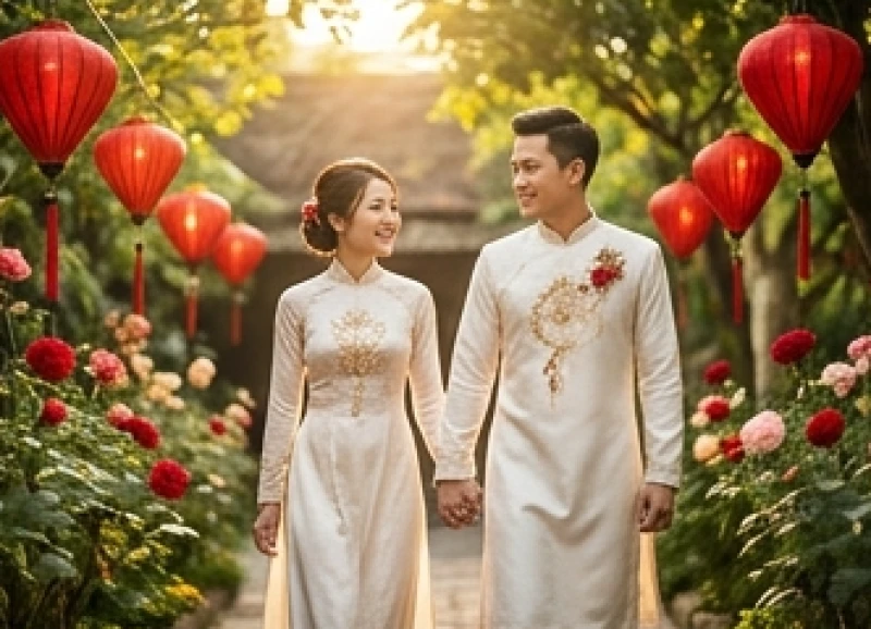 Cặp đôi mỉm cười dắt tay nhau bước đi trong không gian ngập tràn hoa hồng đỏ và ánh sáng ấm áp