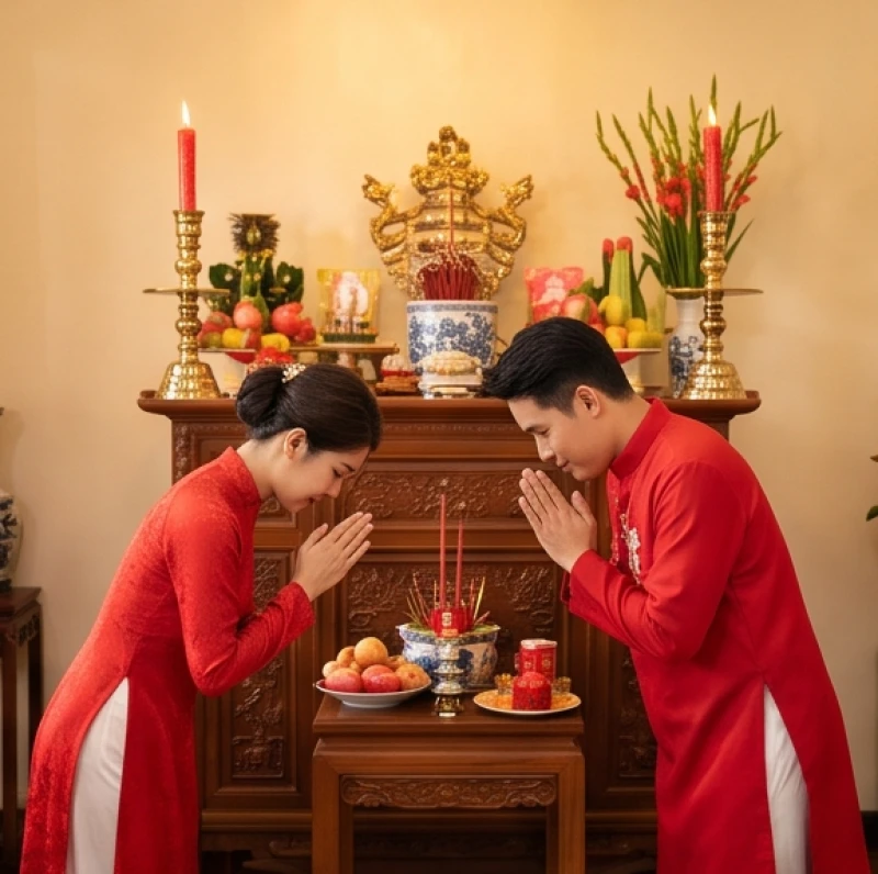 Đôi vợ chồng trẻ thắp nén nhang thành tâm kính cáo gia tiên để cầu bình an khi cử hành hôn lễ vào năm hạn