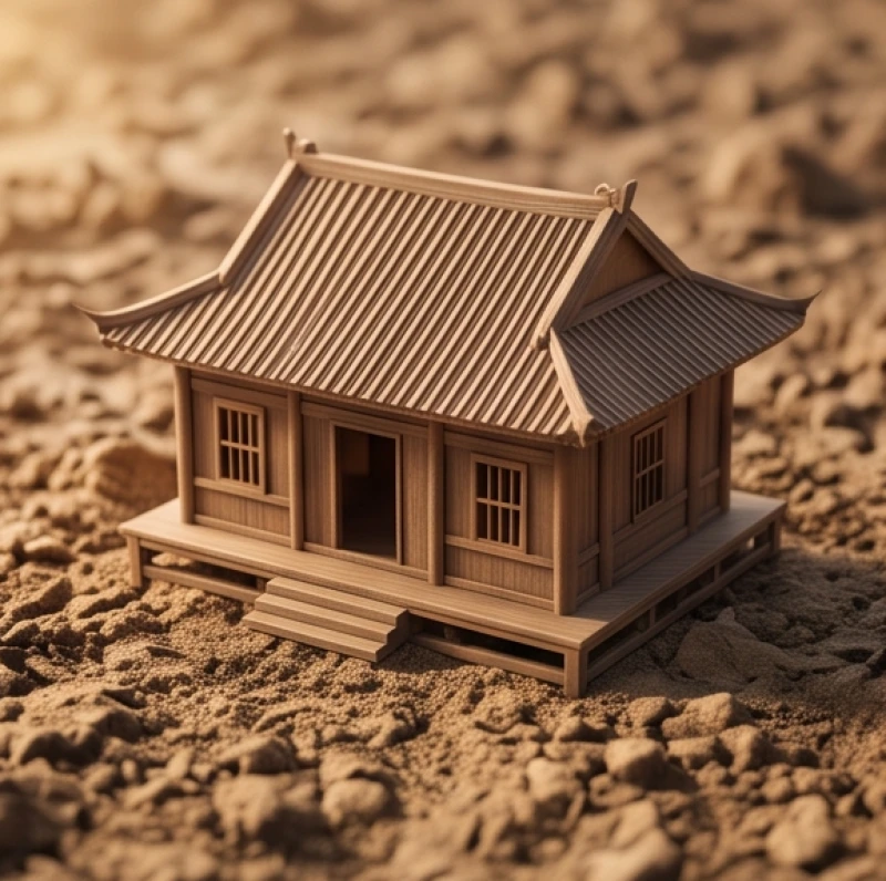 Tử vi tuổi Quý Hợi 1983 năm 2026: Lịch 12 tháng và cách cúng sao 4 Ngôi nhà mô hình gỗ đặt trên nền đất khô cằn biểu thị rào cản phong thủy khi vướng hạn Kim Lâu