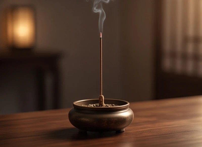 Khoảng không gian thanh tịnh với nén nhang trầm đang cháy tỏa khói nhẹ nhàng biểu thị sự bình an