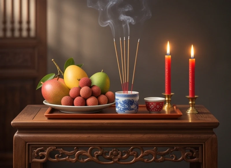 Mâm lễ vật cúng giải hạn và cầu bình an được chuẩn bị chỉn chu trên chiếc bàn gỗ truyền thống