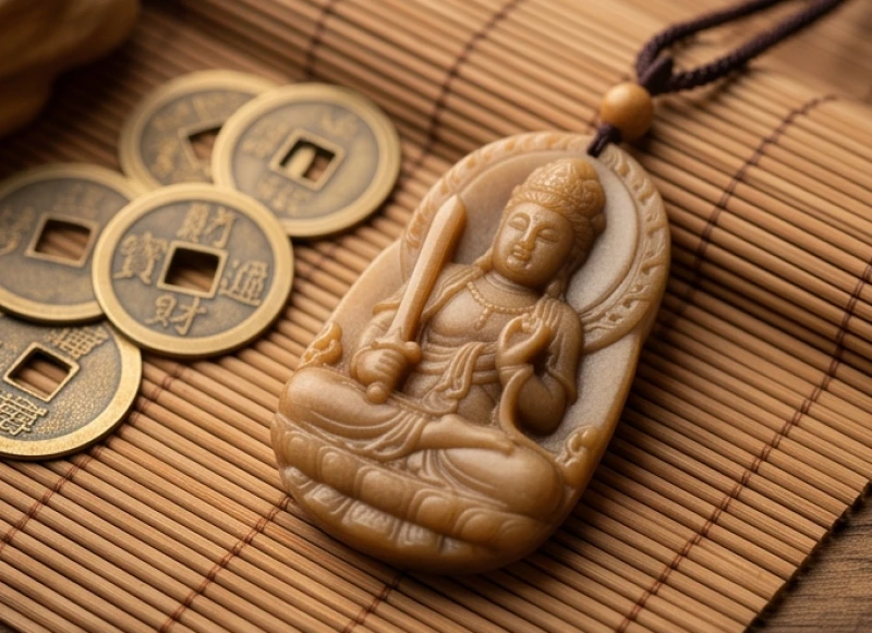 Phật bản mệnh tuổi Sửu: Chọn chuẩn nạp âm và nghi thức tẩy uế 3 Mặt phật bằng đá đặt bên cạnh những đồng xu phong thủy mang năng lượng bình an